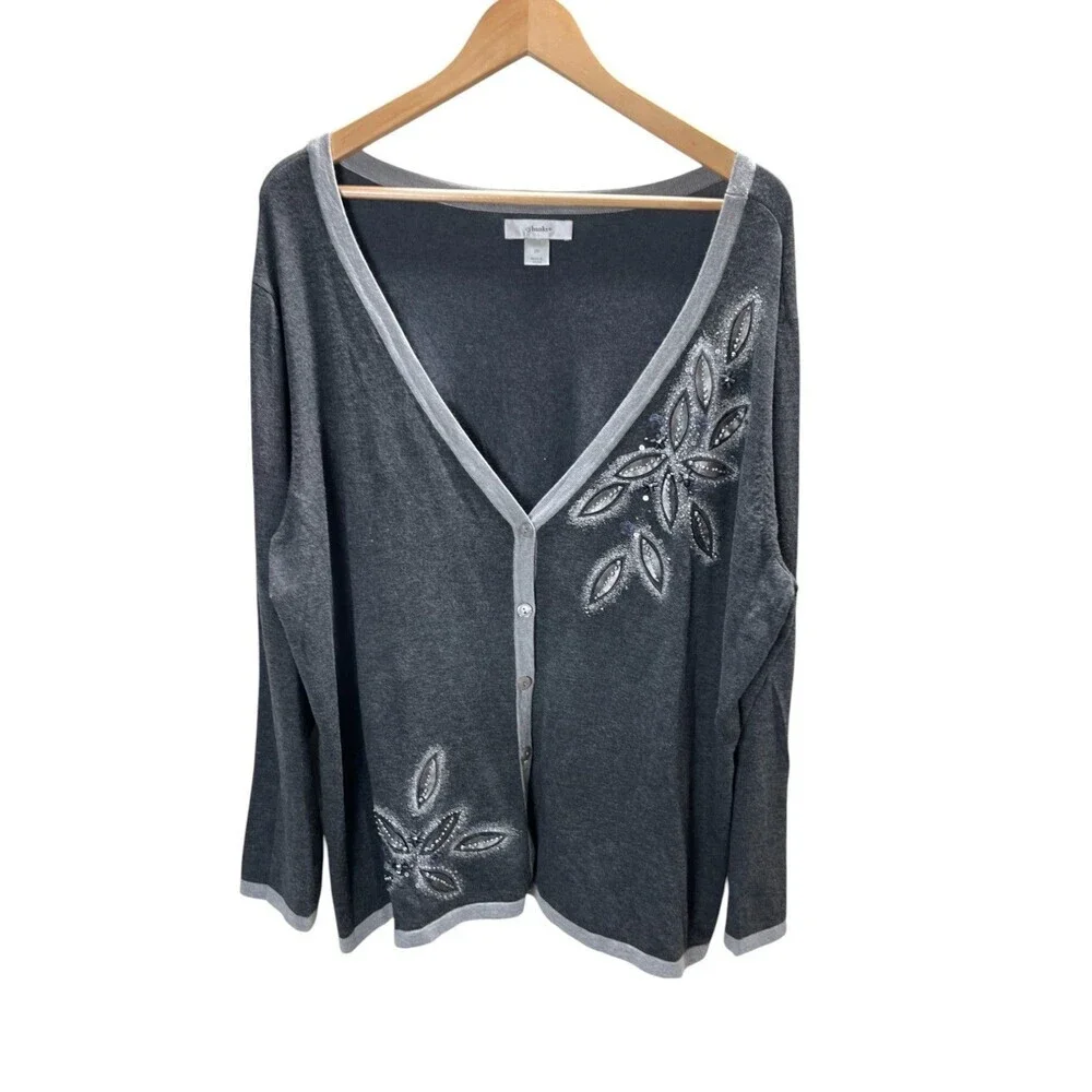 CJ Banks Cardigan Women's Size 2X Gray White Floral Rhinestones